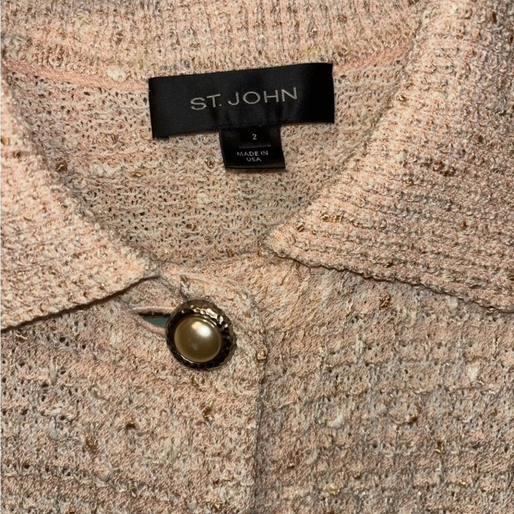 Autre Marque St.John Peach Pink Pearl Buttoned Tweed Knit Blazer Collar Size 2 - Picture 3 of 5